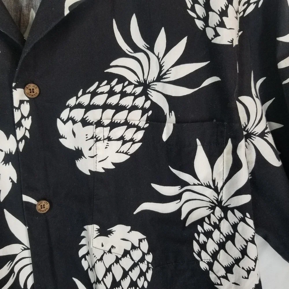 Vintage RJC Shirt Mens XL Black Pineapple Hawaiian Aloha Short‎ Sleeve Button